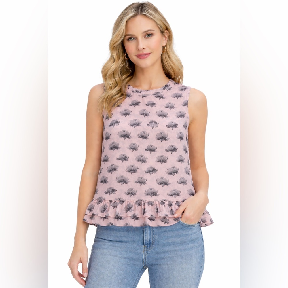 Rebecca Minkoff Women’s Tanya Blouse Sleeveless Ruffle Hem Pink and Black Size L